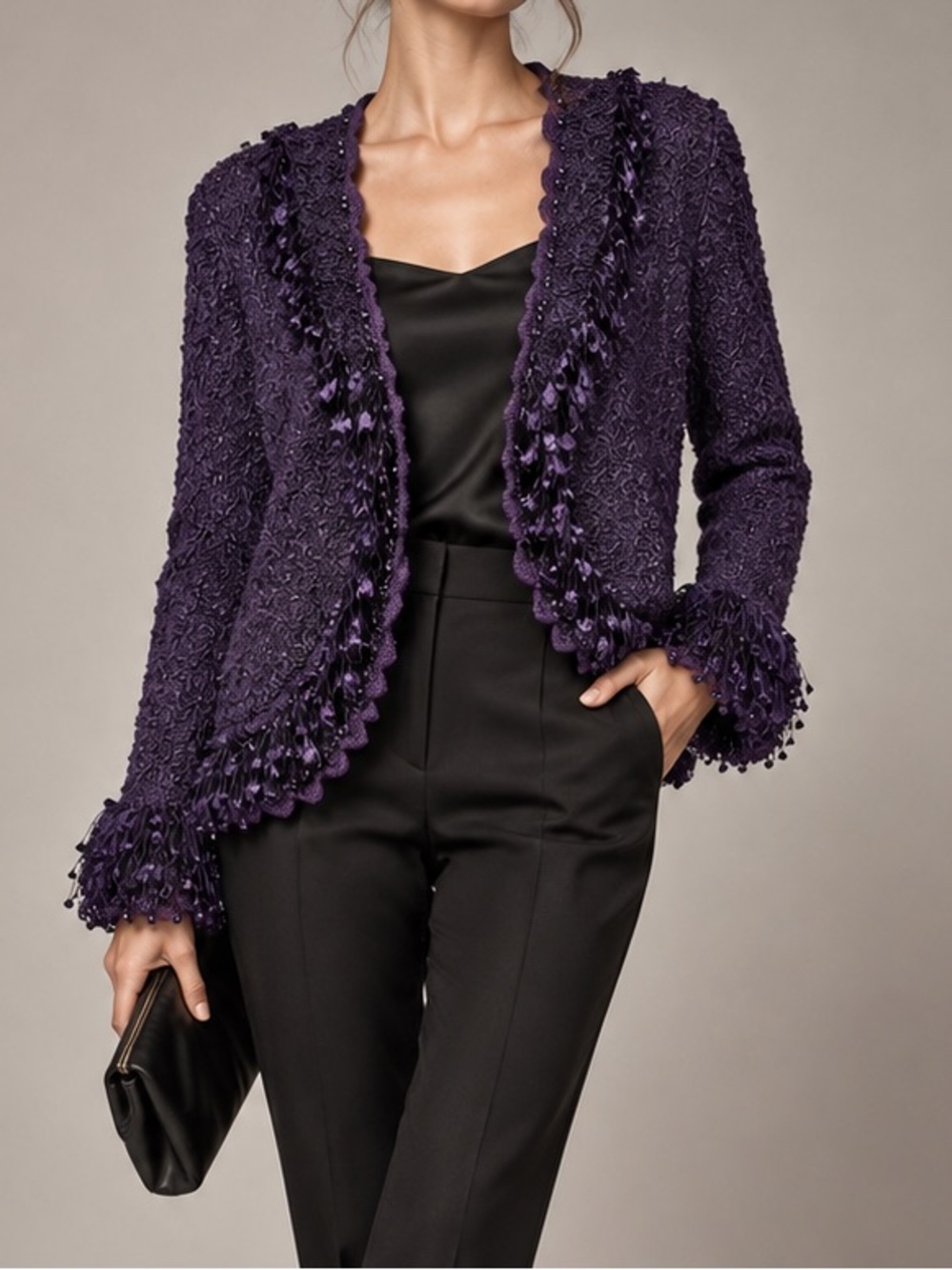 Valenti Purple Textured Fringe Cardigan Artsy Evening Statement Size M